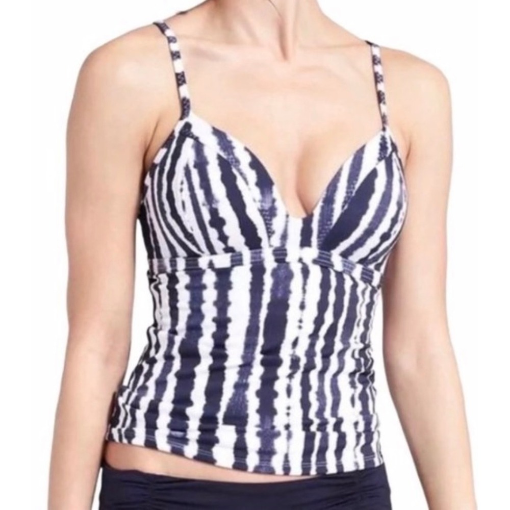 Athleta Navy White Shibori Tie Dye Stripe Tankini Swim Top MT Medium Tall